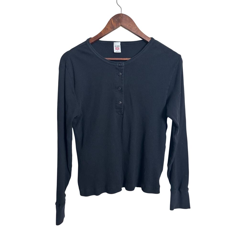 Re/Done x Hanes Long Sleeve Henley Shirt Ribbed Black Womans Large